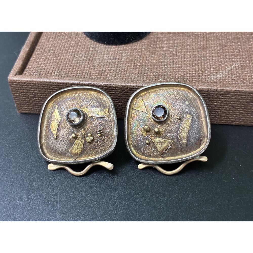Vintage Modernist Bronze Tone Post Earrings Smoky Rhinestone Brutalist - Picture 4 of 7